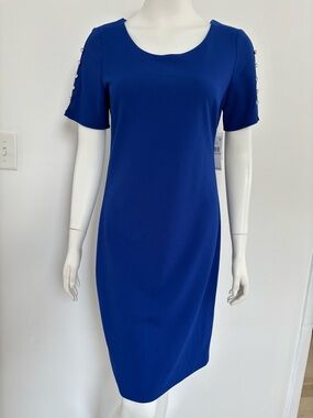 SL Fashions Cobalt Blue Short Sleeve Midi Dress with Pearl Button Detail